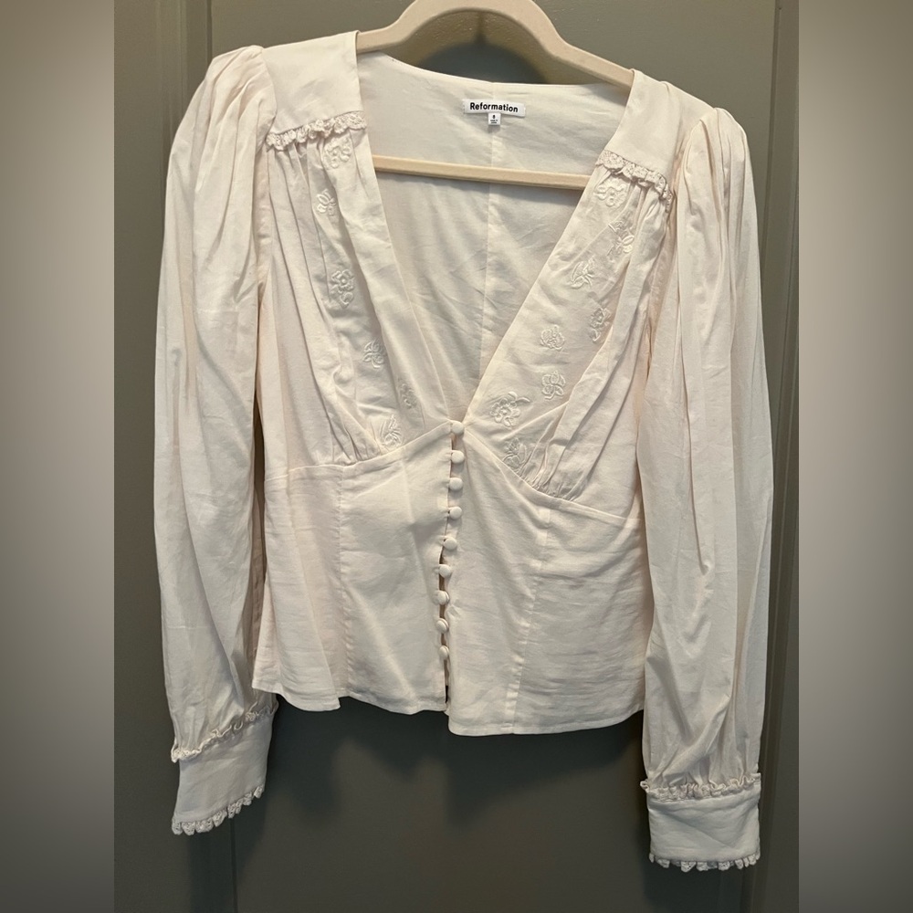 Reformation Cream Embroidered Blouse